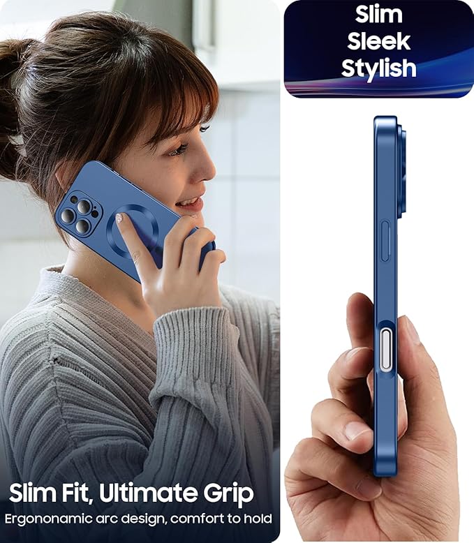 Magnetic for iPhone 16 Pro Case [Compatible with MagSafe][Built-in Camera Lens Protector] Slim Soft Silicone Bumper Shockproof Metallic Luster Phone Case (Blue)