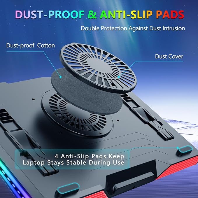 LIANGSTAR Gaming Laptop Cooling Pad, RGB Laptop Cooler with 3 Powerful Turbofans, 5 Height Adjustable Laptop Cooling Stand, 5 Fan Speed Touch Control, Seal Memory Foam for Cooling 12-19.3 inch Laptop