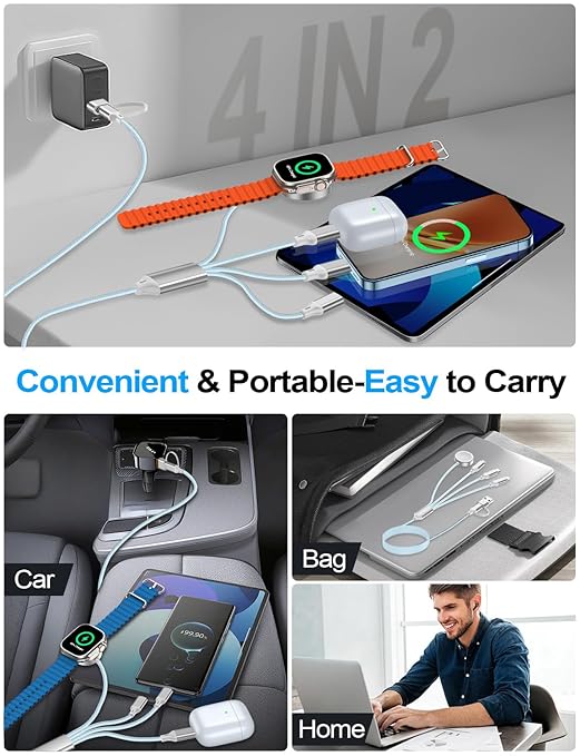 4-in-2 Charging Cable for Apple Watch Charger/Samsung/iPhone Charger,Car/Office/Camping/Travel Essentials,Type C Cable Multi Cord for iWatch Ultra/10-2/iPhone 16-11/Samsung S25-S20,iPad,airPods-Blue