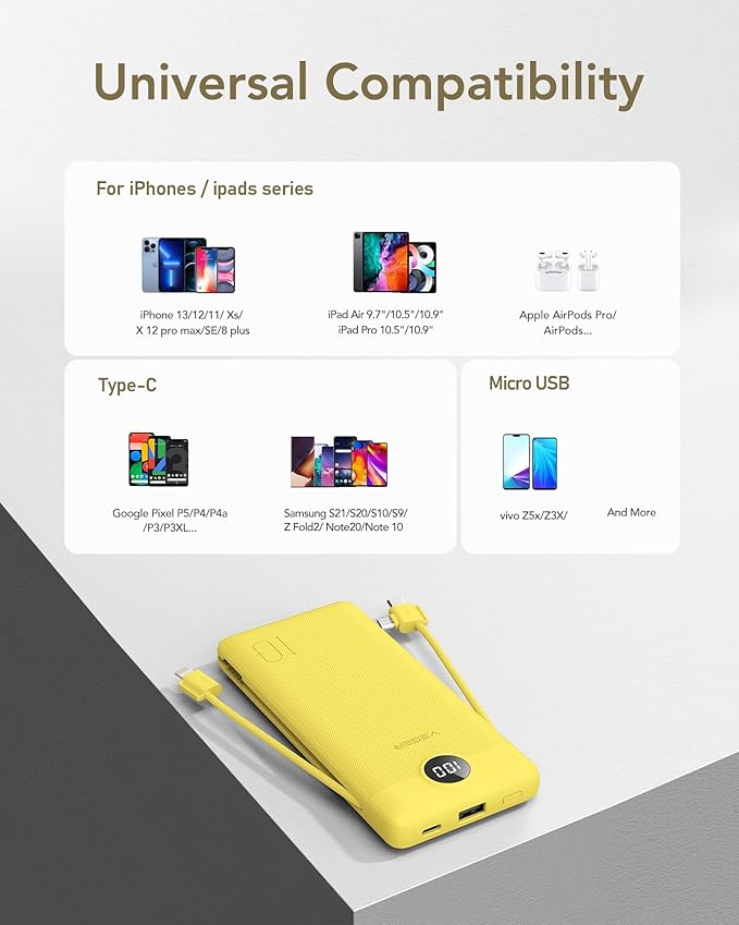 VEGER Portable Charger for iPhone with Built in Cables and Wall Plug, 10000mah Slim Fast Charging USB C Power Bank, Travel Essential Battery Pack Compatible with iPhone, iPad, Samsung etc(Yellow)