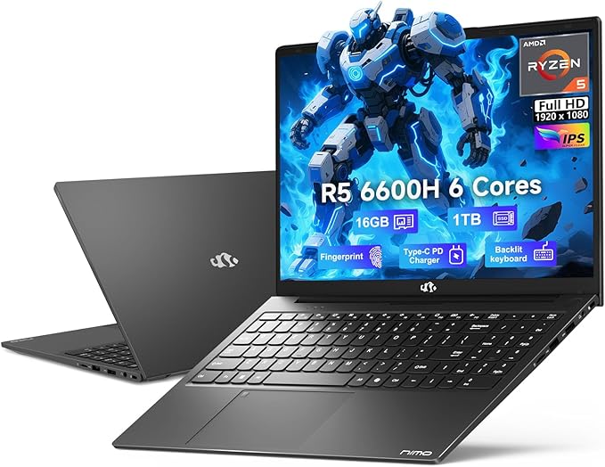 NIMO 15.6" IPS FHD-Gaming-Laptop, AMD Ryzen 5 6600H 6-Cores 660M GPU 16GB DDR5 RAM 1TB SSD(Beat i7-1165G7, Up to 4.5GHz) Computer with 100W GaN Type C Fingerprint Backlit Keyboard Win 11