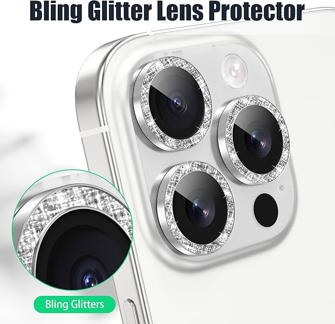 AGVEE 3+3 6 Pack for iPhone 16 Pro 6.3" / 16 Pro Max 6.9" Camera Lens Cover Protector, Bling Diamond & Bling Glitter Metal Ring 9H Tempered HD Glass Camera Cover Protector Film, Bling-Silver