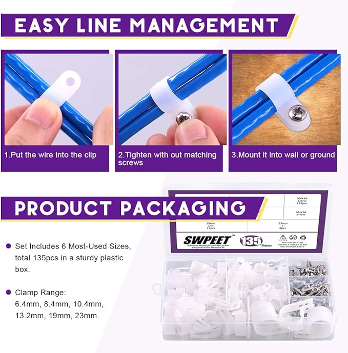Swpeet 135 Pack 6 Sizes White Nylon Plastic R-Type Cable Clips Clamp Assortment Kit, 1/4" 5/16" 3/8" 1/2" 3/4" 1" Nylon Screw Mounting Cord Fastener Clips with 135 Pack Screws for Wire Management