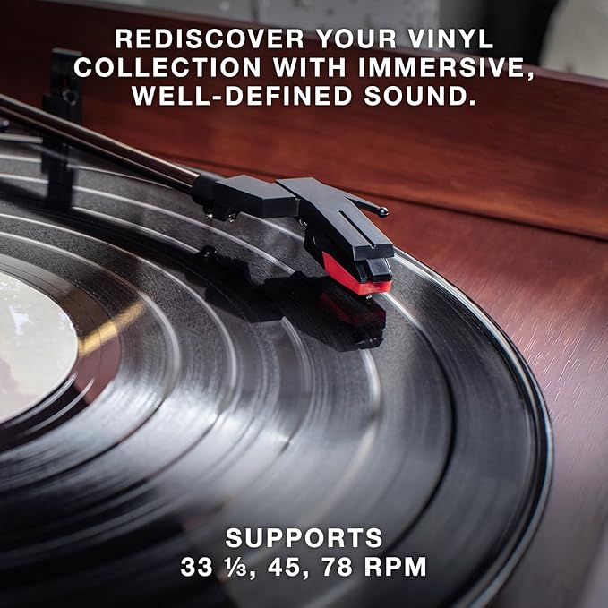 Victrola The Quincy 6-in-1 Bluetooth Record Player & Multimedia Center with Built-in Speakers – 3-Speed Turntable, CD & Cassette Player, AM/FM Radio, Wireless Music Streaming (Mahogony)