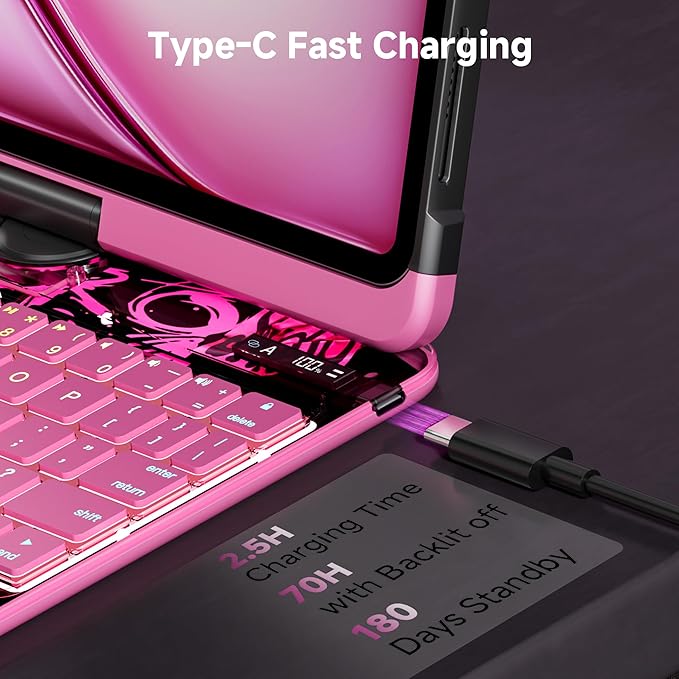iPad Keyboard Case for iPad 10th Gen (2022) & 11th (A16, 2025), Magic Wireless Keyboard with Trackpad 7 Color Backlit, 360° Rotating Stand Transparent Protective Cover with Pencil Holder (Pink)