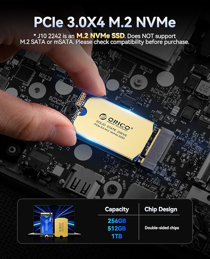 ORICO M.2 2242 NVMe SSD 256GB, PCIe 3.0 with 3200MB/s Read Speed, TLC NAND, Copper Heatsink for Laptops, Mini PCs, IoT Devices, and DIY External Drives - J10-2242