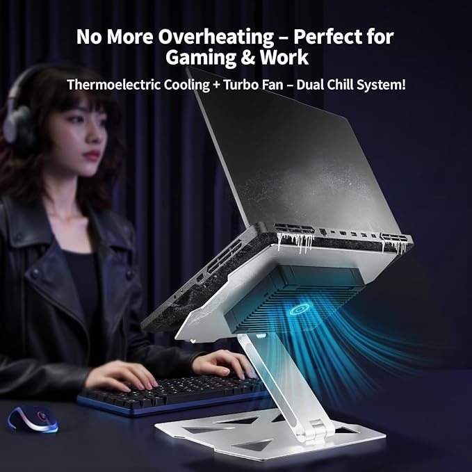 IMMOENUC Laptop Cooling Stand with Peltier Cooler Adjustable Height & Angle, Whisper-Quiet Aluminum Thermoelectric Cooler for 12-19 Inch Laptops, MacBook/Dell/HP/Lenovo Fast Cooling Notebook