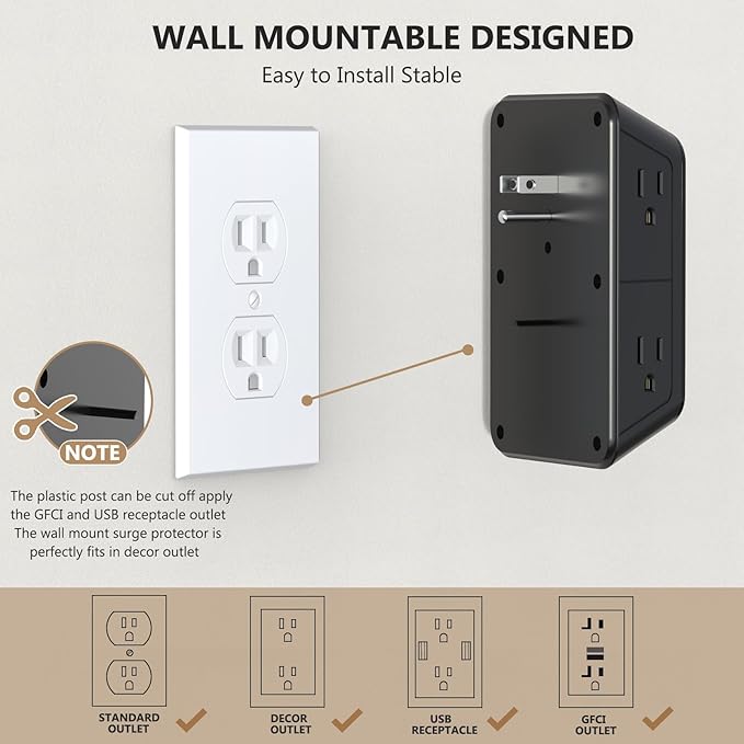JcBlaon Outlet Extender Surge Protector - 6 Outlet Splitter with 4 USB Ports (2 USB C), Multiple Plug Expander Wall Charger, 3 Sided Multi Plug Wall Adapter Power Strip for Home Office Kitchen Travel