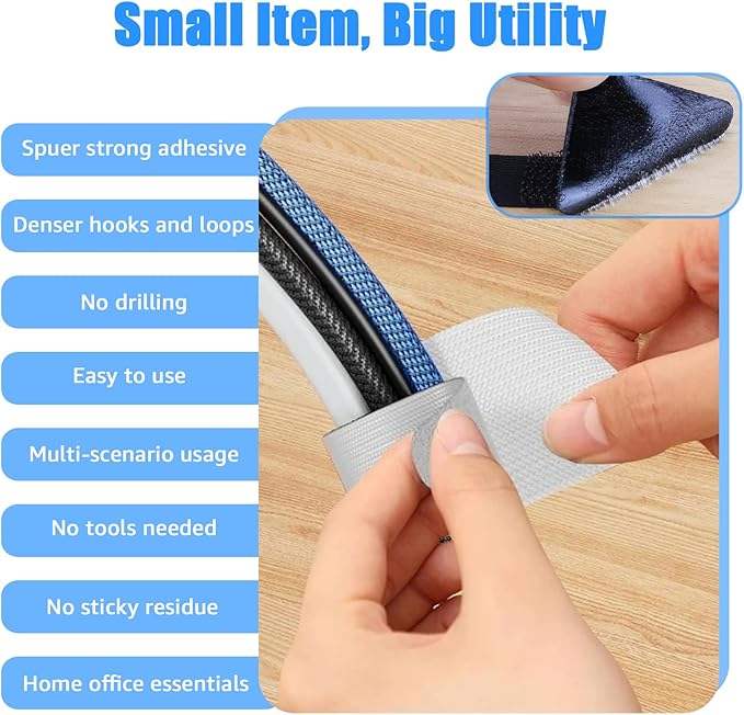 80PCS Hook and Loop Cable Ties, Hook and Loop Cable Straps, Under Desk Cable Management, Adhesive Cable Clips, Sticky-Back Cord Organizer for Desk, Household & Office Organization (Black+Gray)