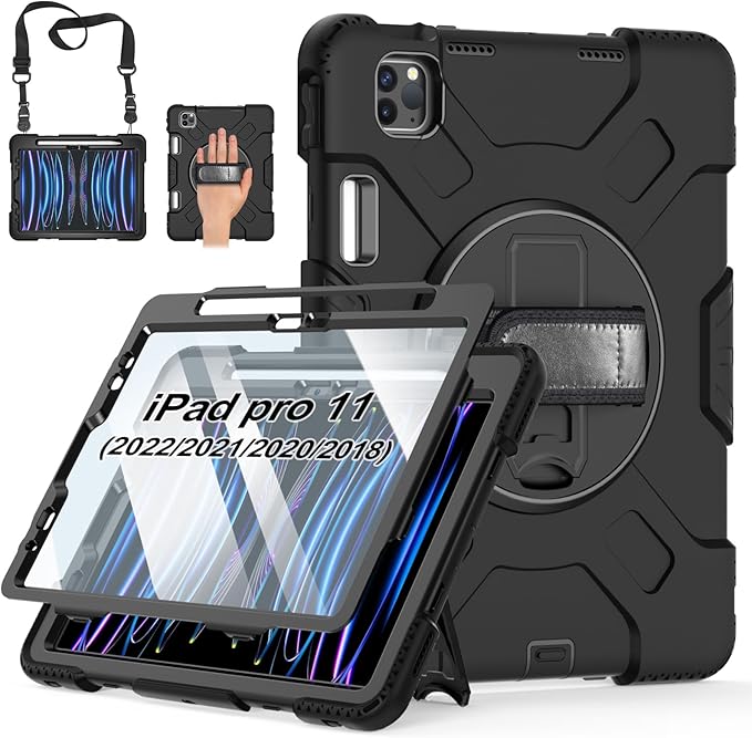 Case for iPad Pro 11 Inch (2022/2021/ 2020/2018): Silicone Cover for iPad 11 (4th/ 3rd/ 2nd/ 1st) Generation with Screen Protector- Stand- Handle- Shoulder Strap- Pencil Holder- Black