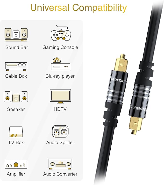 BlueRigger Digital Optical Audio Toslink Cable (100FT, Fiber Optic, Aluminum Shell, 24K Gold-Plated) - Compatible with Home Theatre, Sound Bar, TV, Xbox, PlayStation PS4 – Premium Series