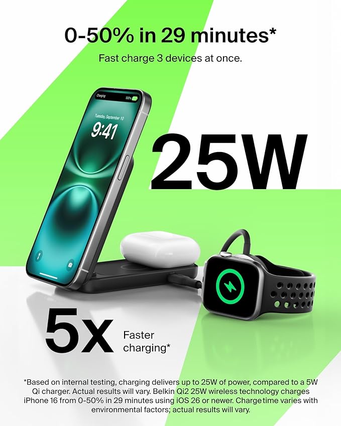 Belkin MagSafe Charger Compatible, 2-in-1 Charging Station, Qi2.2 25W Magnetic Wireless Charger Dock, Foldable Stand, with 5W USB-C Port, for iPhone 16/15/14, AirPods (45W Adapter Included)