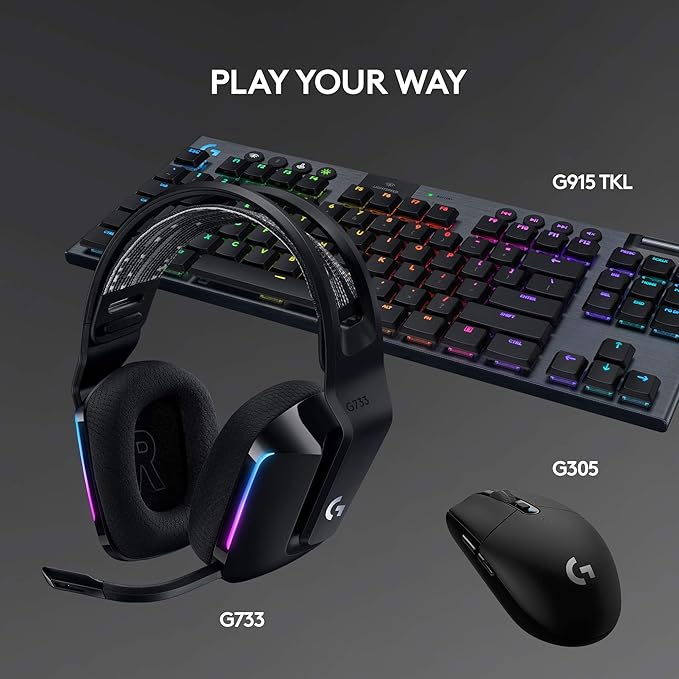 Logitech G733 Lightspeed Wireless Gaming Headset, Suspension Headband, Lightsync RGB, Blue VO!CE Mic, PRO-G Audio – Black, Gaming Headset Wireless, PC, PS5, PS4, Switch Compatible
