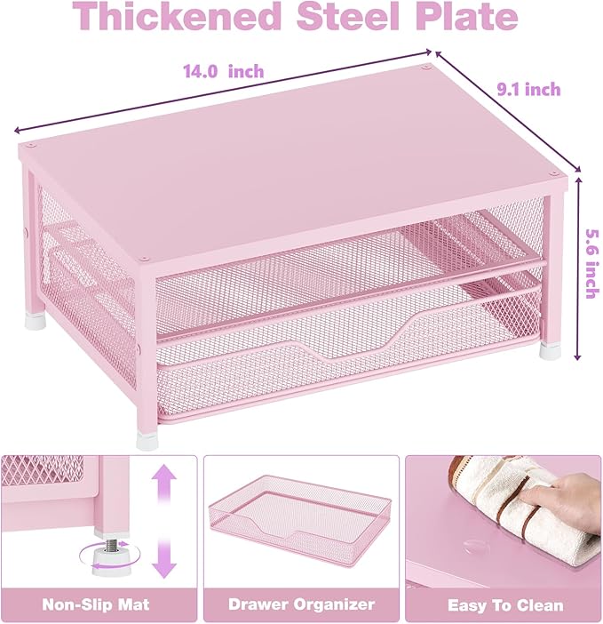 Desk Organizers and Accessories, 2-Tier Computer Monitor Stand Riser with Drawer, Laptop Stand, Office Desk Accessories, Workspace Desktop Organizer for Office Supplies, Pink