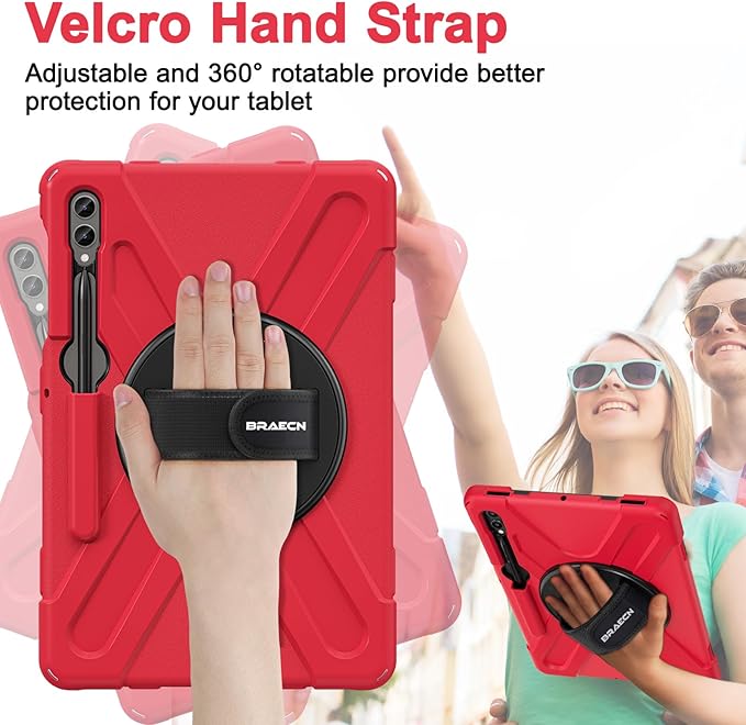 BRAECN for Galaxy Tab S10 Plus/S9 FE+/S9+/S7+/S8+/S7 FE 12.4 inch Case,Heavy Duty Shockproof Case with Carrying Shoulder Strap, S Pen Holder, Kickstand, Hand Strap for Samsung Galaxy Tab S10+-Red