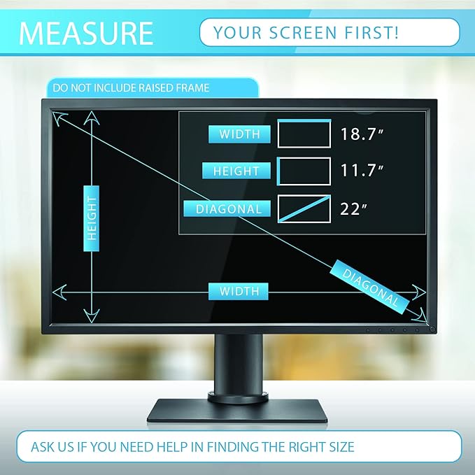 Premium Privacy Screen Filter for 22 Inches Desktop Computer Monitor. Screen Protector Size is 18.7 inch width x 11.7 inch height. Anti Glare and Anti Blue Light Protection