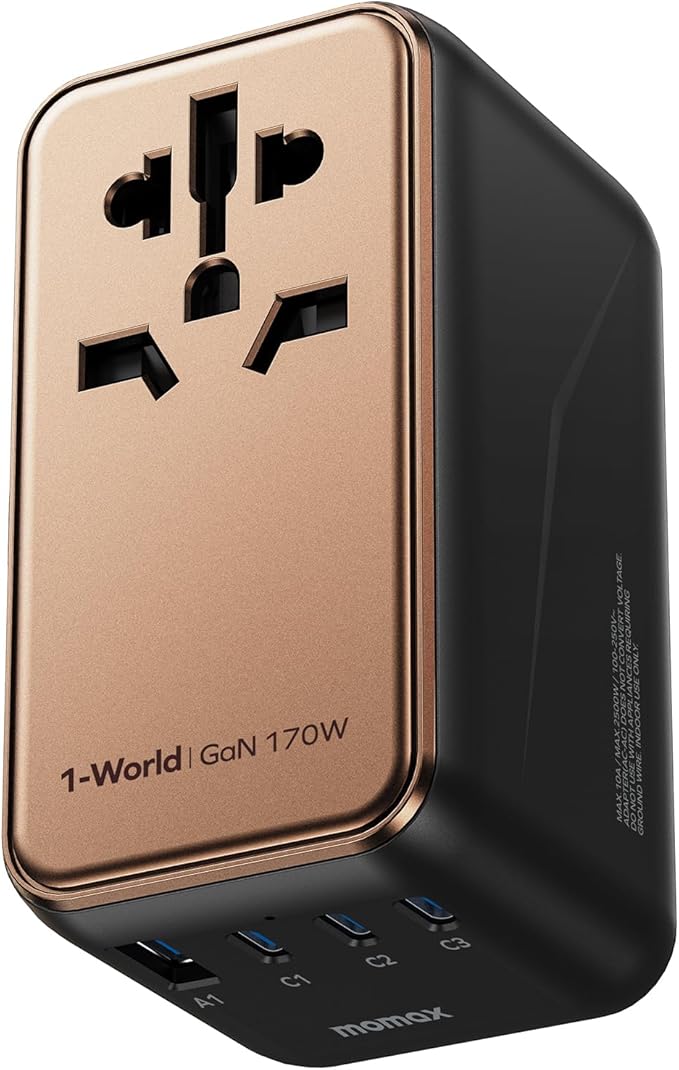 MOMAX Universal Travel Adapter, 170W GaN International Power Adapter, 2 USB-C 2 USB-A, Worldwide Travel Plug Adapter, International Power Adapter for Most Europe, USA, Japan, Australia (Type C/A/G/I)
