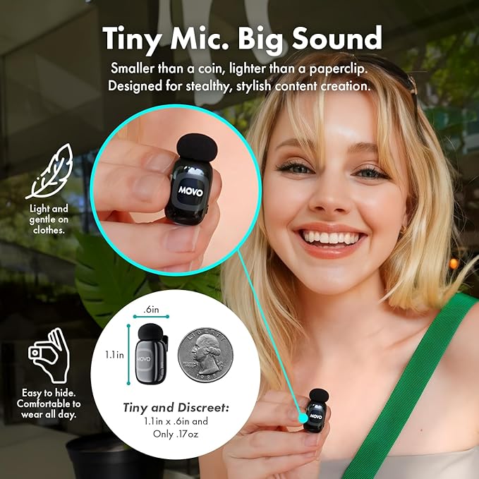 Movo NanoMic Dual USB-C Wireless Microphone for iPhone 15/16 and Up, Android, iPad Pro & Laptops – Wireless Lavalier Mic for USB-C Smartphones & Devices, Great for Vlogging & TikTok
