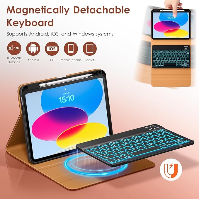 DTTO for iPad 11th (A16)/ 10th Generation Case with Keyboard (2025/2022), 7 Colors Backlit Wireless Detachable Keyboard Leather Folio Cover with Pencil Holder & Pocket, Brown