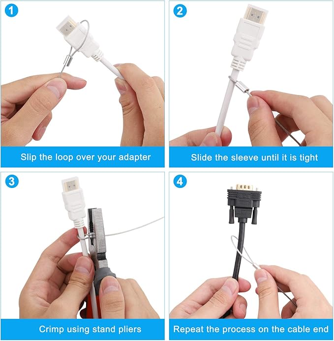 Cable Tethers 20 Pack with Crimping Tool (12 Inches, White Color), Adjustable Security Cable Look, Universal DIY Adapter Tethering Ties Kit for Computer Cord, Pre-Assembled, Tamper-Resistant