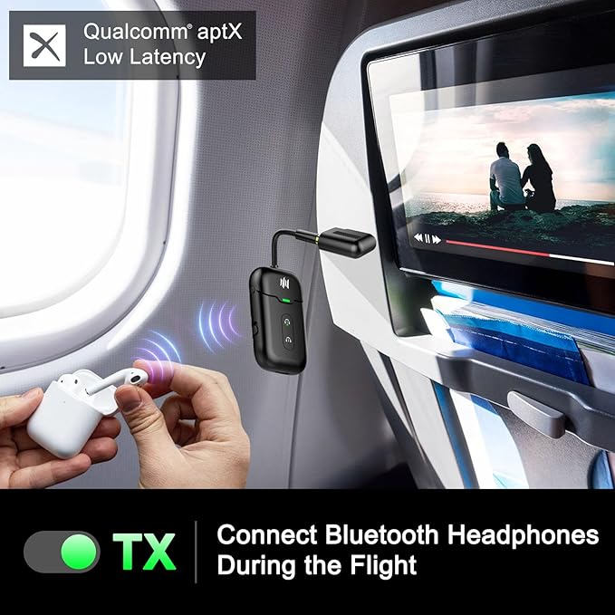 Airplane Bluetooth 5.4 Transmitter Adapter,Supports 2 AirPods/Headphones 2-in-1 Bluetooth Transmitter Receiver with aptX Low Latency,Wireless Adapter for Flight,TV,Gym,Tablets Car Stereo (Black)