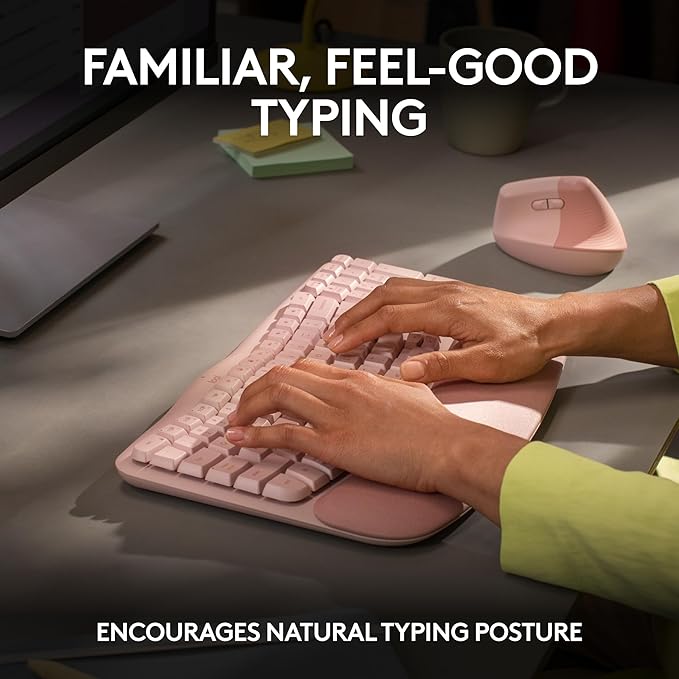 Logitech Wave Keys Wireless Ergonomic Keyboard with Cushioned Palm Rest, Comfortable Natural Typing, Easy-Switch, Bluetooth, Logi Bolt Receiver, for Multi-OS, Windows/Mac - Rose