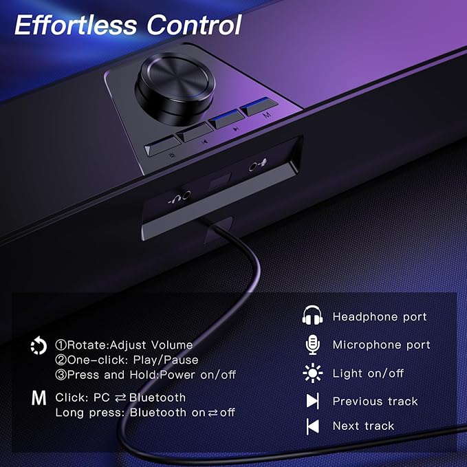 Computer Speakers for Desktop,PC Speakers Gaming Sound bar with Colorful Light,USB Speaker with Bluetooth for PCs Monitor Laptop Tablets,Wired Bluetooth Speaker for Phones(Type-C Adapter Included)