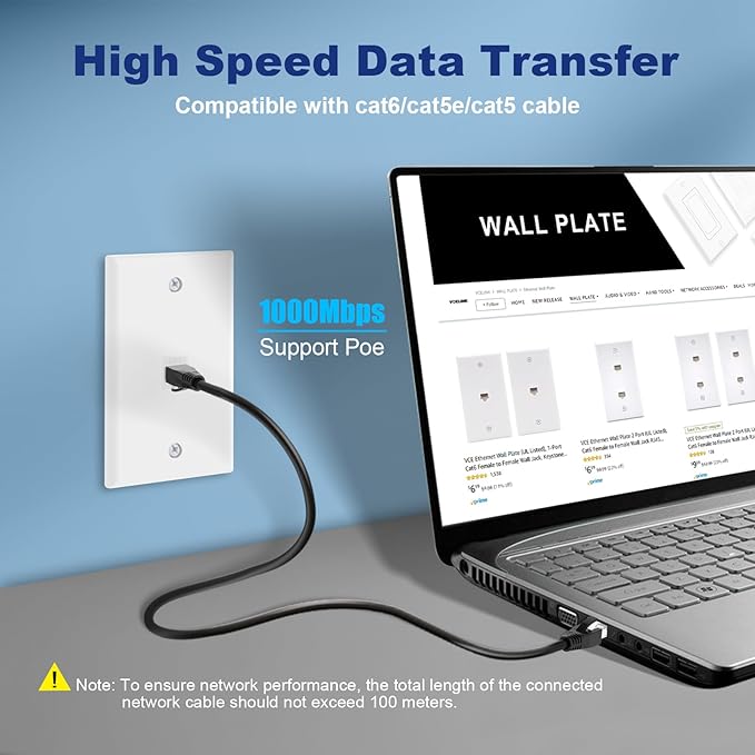 VCE Ethernet Wall Plate (UL-Listed), 1-Port CAT6 Wall Plate and Jack, RJ45 Keystone Wall Outlet with Single Gang Low Voltage Mounting Bracket, White 2-Pack