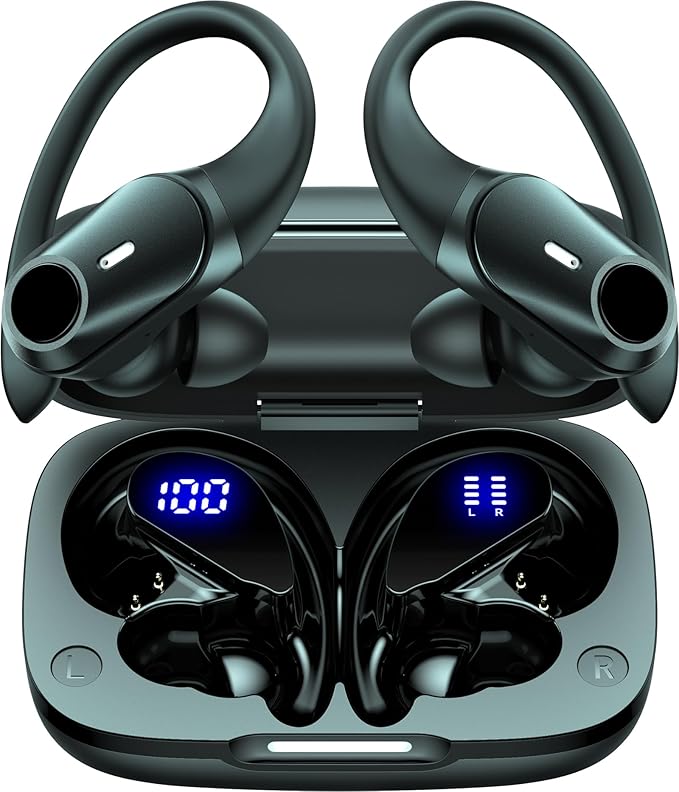 GOLREX Active Noise Cancelling Ear Buds Wireless Earbuds Bluetooth Headphones with 80H Playtime LED Display Wireless Charging Case, Over-Ear Hooks Earbud for Sports Running Gym Workout Black