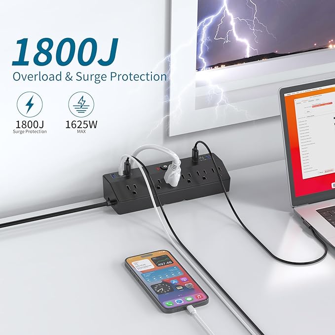 Desk Clamp Power Strip with 40W Fast Charging Station, JXGUCAT 10ft Flat Plug Power Strip Surge Protector, 2 USB-C Ports, 6 AC Outlets, Fit 2.48" Tabletop Edge, Home Office Desk Accessories Essentials
