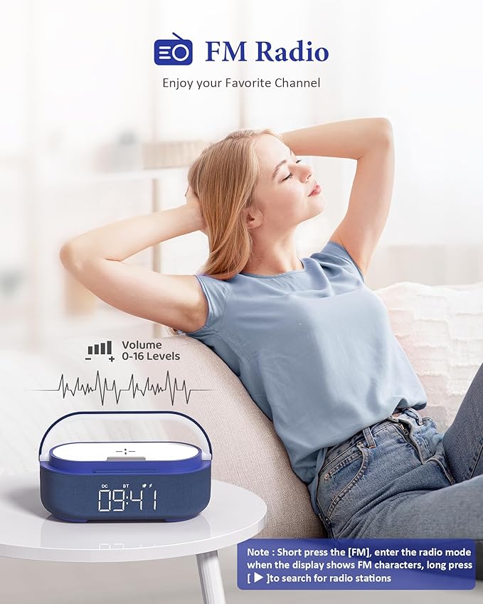 COLSUR 6-in-1 Bluetooth Speaker Alarm Clock with 15W Wireless Charger, FM Radio, Adjustable LED Night Light, 2500mAh Battery, Snooze Function – for Bedroom, Home, Office