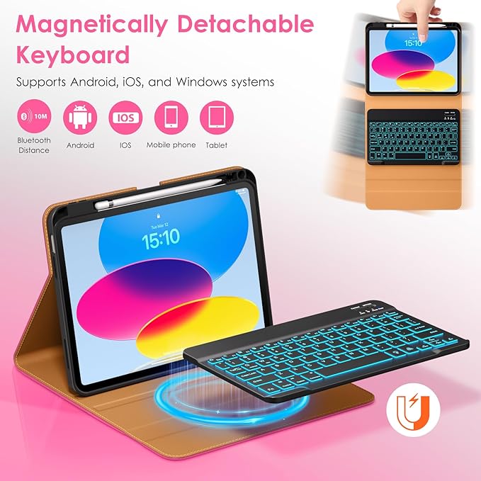 DTTO for iPad 11th (A16)/ 10th Generation Case with Keyboard (2025/2022), 7 Colors Backlit Wireless Detachable Keyboard Leather Folio Cover with Pencil Holder & Pocket, Rose Red
