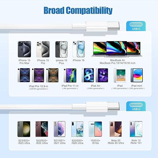 3-Pack [6.6FT+10FT+10FT] 60W USB C to USB C Cable, Type C to Type C Cable,Fast Charging Cable for iPhone 16 15 Pro Plus Pro Max，for Galaxy S24 S23 S22, for iPad Pro/Air, for MacBook Pro/Air and More