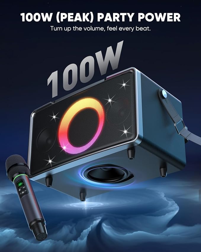 GFEEN Portable Bluetooth Speaker: 100W(160W Peak), 15H Playtime, Wireless Speakers with Microphone, 5″ Subwoofer, Loud Sound, Light Show, Fast Charging for Outdoor, Party, Backyard(Silver with 1Mic)