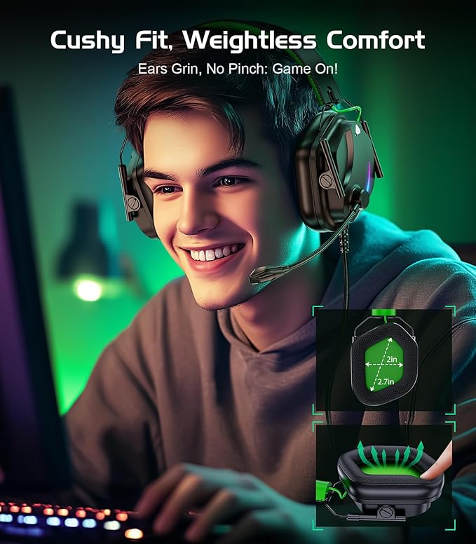 HW12 Gaming Headset for PC,PS5,PS4,Xbox One,Switch,Gaming Headphones with Microphone Wired Headset with 3.5mm Audio Jack (Black/Green)