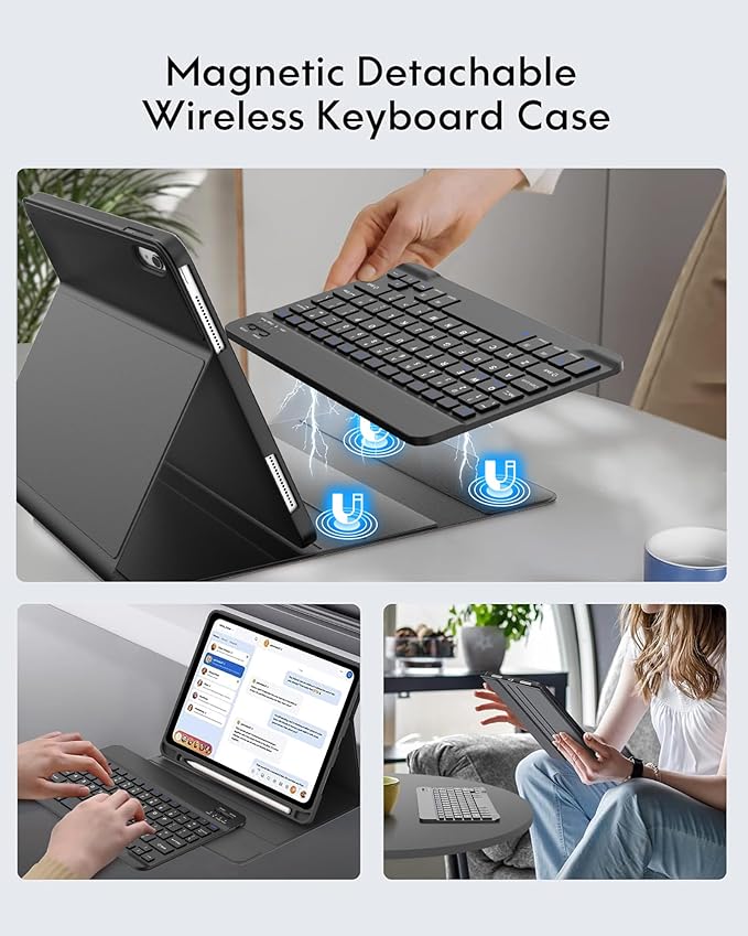 D DINGRICH for iPad 10th Generation Case with Keyboard (10.9", 2022), Smart Folio Leather Cover with Pencil Holder, Rechargeable, Magnetic Wireless Keyboard for 10.9 inch Apple iPad 10th Gen, Black