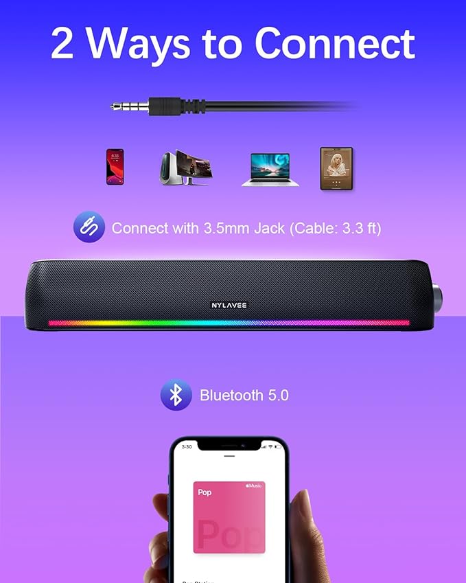 Computer Speakers, Hi-Fi Sound Quality Computer Sound Bar, Bluetooth 5.0 & 3.5mm Wired PC Speakers with 4 Dynamic Lighting Modes, USB Powered Speakers for PC, Desktop, Laptops, Phones, Monitors, Xbox