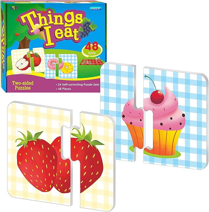 48 Food Matching Puzzles with Error-Correction Mechanism Pre-Primer in 2 Pieces, Perfect for Preschool Learning (24 Blocks Double Sided)