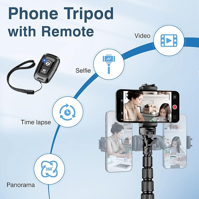 72" Tripod for iPhone, Phone Tripod with Remote, Black Aluminum, Compatible with Smartphone/Camera/Gopro, Cellphone Tripod Stand for Video Recording Selfies Vlogging