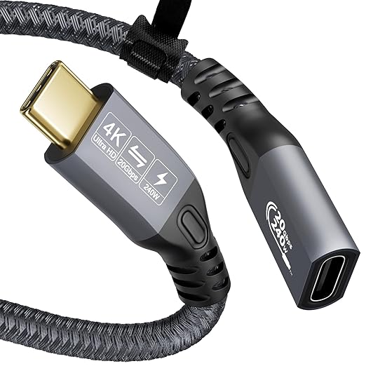 Type C Cable 6.6ft 2m, 240W 48V/5A USBC to USB C 3.2 Gen2×2 Extension Cable, 20Gps Male Female Extender Cable, 4K@60Hz Dual C Video Cord for MacBook Pro, Dell, Arzopa, Galaxy, Portable Monitor