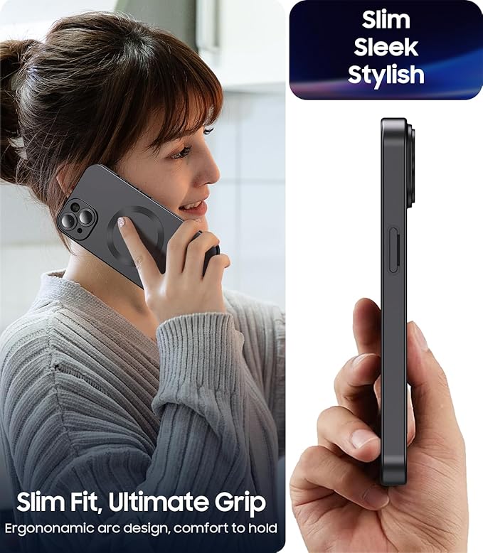Magnetic for iPhone 14 Case [Compatible with MagSafe][Built-in Camera Lens Protector] Slim Soft Silicone Bumper Shockproof Metallic Luster Phone Case (Black)