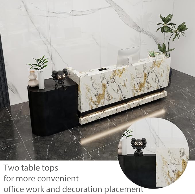 Front Desk Reception Counter - Lockable Storage & Keyboard Tray | Reception Desk with Counter, Customizable Large Counter Table (Black+White, 76'')