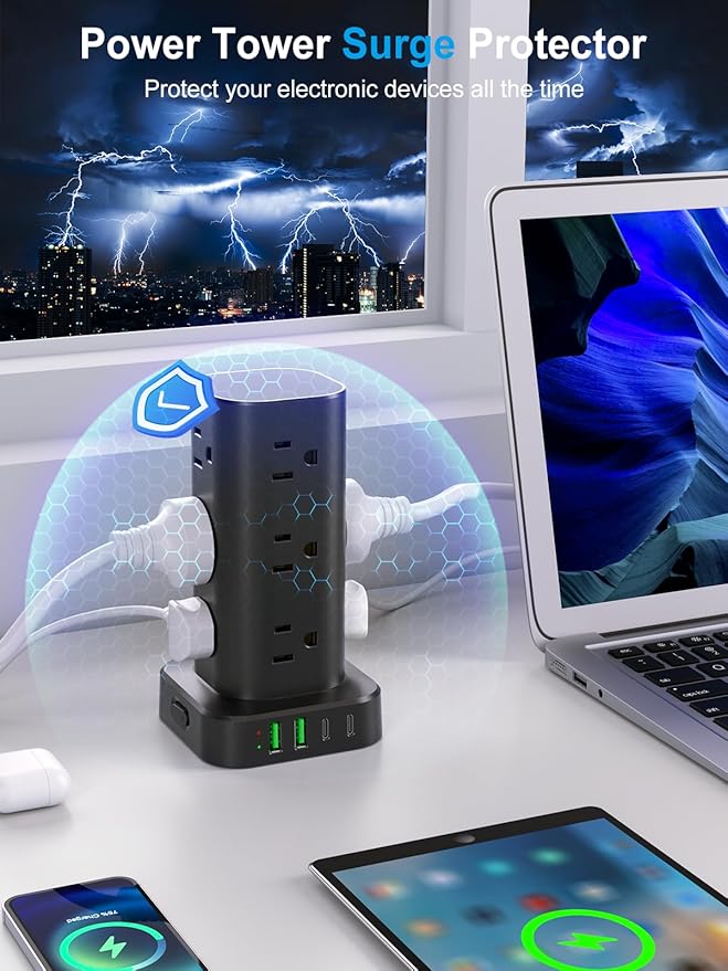 Power Strip Tower with Multiple Outlets, Flat Plug Surge Protector Tower Extension Cord with 12 AC Outlets 4 USB Ports (2 USB C), 10FT Cord Power Tower Surge Protector for Home Office Dorm Room, Black