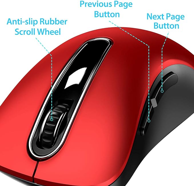 memzuoix 2.4G Wireless Mouse, 1400 DPI Mobile Optical Cordless Mouse with USB Receiver, Portable Computer Mice for Laptop, PC, Desktop, MacBook, 5 Buttons, Red