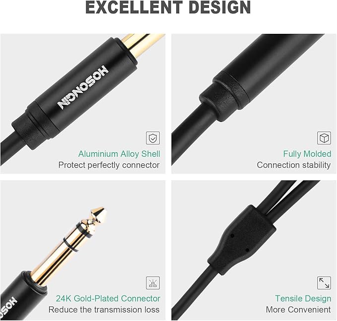 HOSONGIN 1/4" Splitter Cable, TRS to Dual 1/4" TRS Stereo Y Adapter, Gold-Plated Connectors, High-Fidelity Sound, Durable Aluminum Alloy Shell for Studio, DJ, Headphones, Live Sound Systems - 1.6Ft