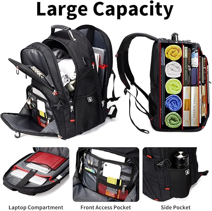 SHRRADOO Extra Large 50L Travel Laptop Backpack with USB Charging Port, College High School Backpack Airline Approved Business Work Bag Fits 17 Inch Computer for Men Women