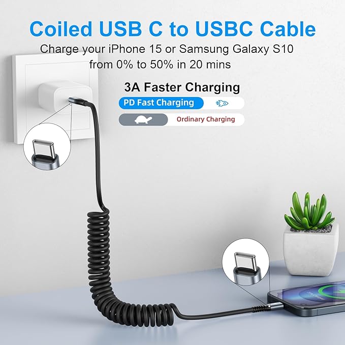 USB C to C Cable 3ft 2Pack Coiled USB C Charger Cable for Car Type C Fast Charging Cable for iPhone 16/15/Plus/Pro/Pro Max/Samsung Galaxy S23