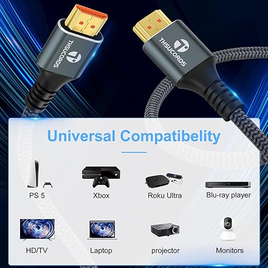 8K 4K HDMI Cable 6.6FT, High Speed Braided HDMI to HDMI 2.1 Cord Supports 8K@60Hz, 4K@120Hz 144Hz 48Gbps Compatible with Roku TV/PS5/HDTV/Blu-ray