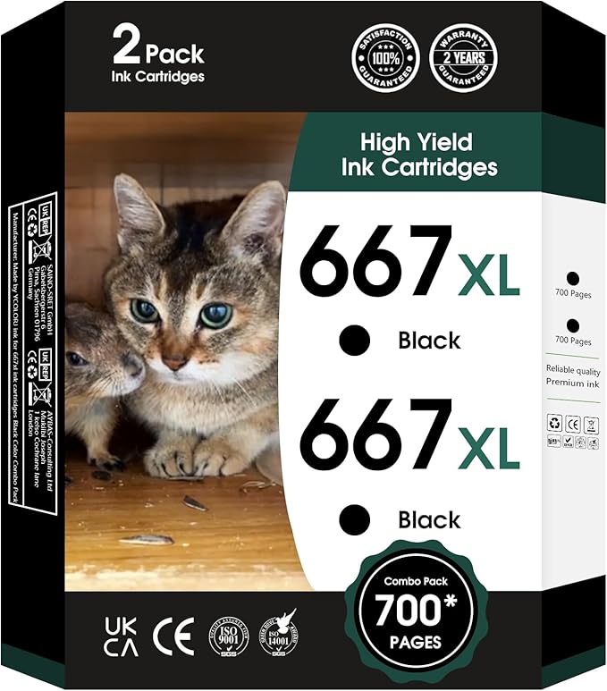 667XL 667 XL 667 Ink Cartridges Replacement for hp 667 Ink cartridges Black and Color Work for Deskjet Ink Advantage 1275 2375 2775, Deskjet Ink Advantage Plus 6075 6475 6476 (2 Black)