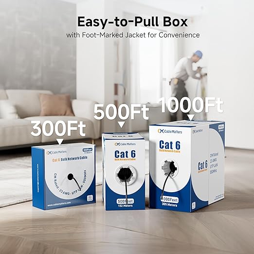 Cable Matters [UL Listed] 10Gbps in-Wall Riser Rated (CMR) 23AWG Bare Copper Cat6 Ethernet Cable - 500ft, Cat 6 Ethernet Cable Spool, Cat 6 Cord Bulk, Blue